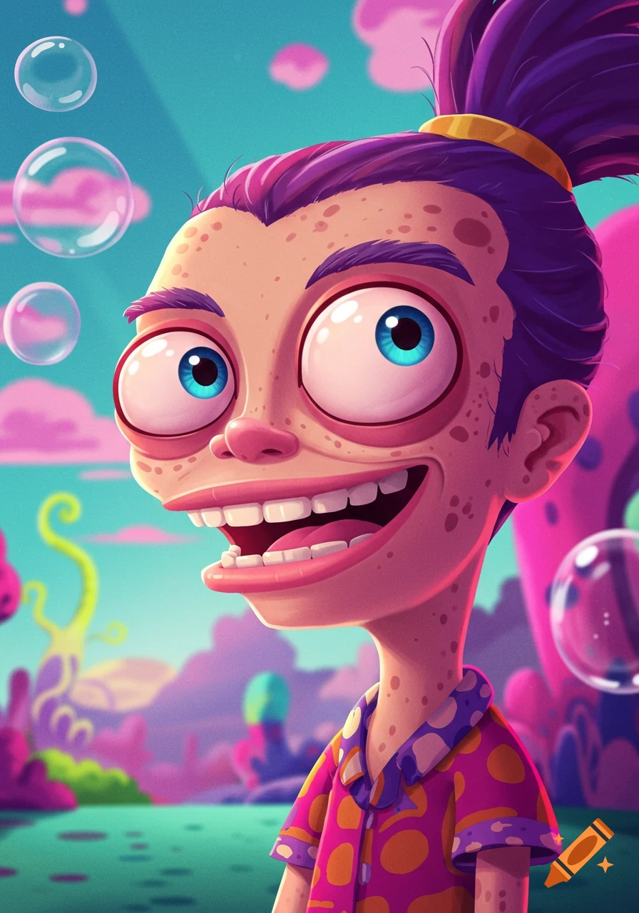 Close-up of a smiling cartoon character with large eyes, purple hair tied up, and a spotted pink shirt, set against a vibrant landscape with bubbles.