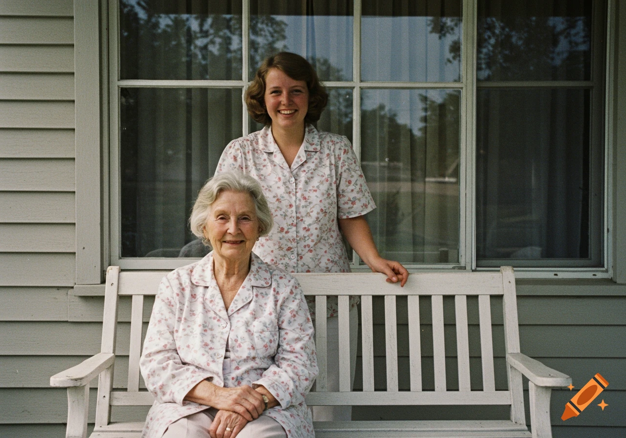 An older woman sits on a white porch bench with a younger woman standing behind her, both smiling and wearing floral patterned shirts.