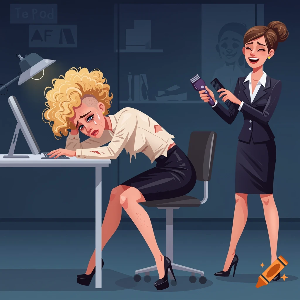 A cartoon illustration of a crying woman with shaved, curly blonde hair and torn clothes slumped at a desk, while a well-dressed woman smiles behind her holding hair clippers.
