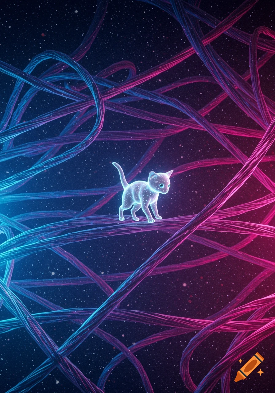 A glowing, ethereal kitten walks along intertwined blue and pink glowing tendrils against a dark, starry background.