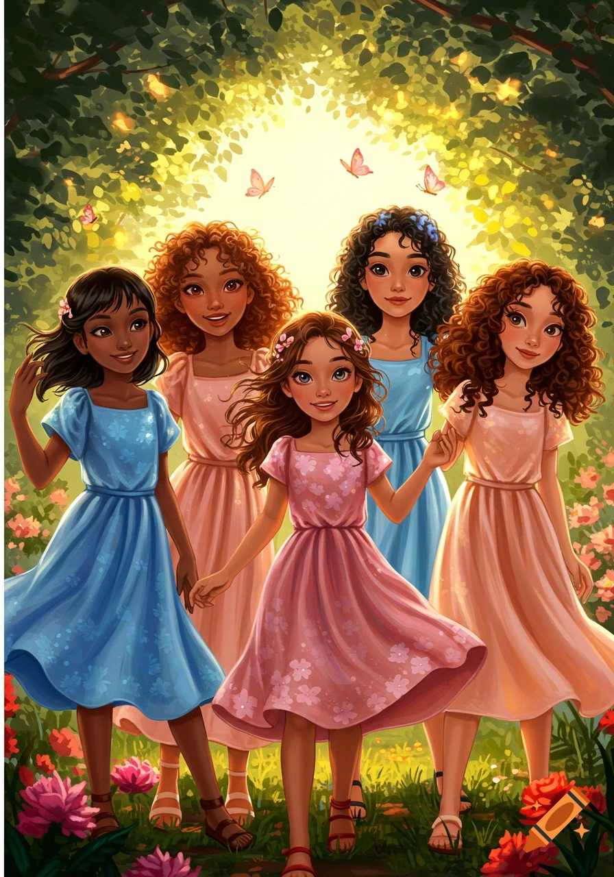 Five smiling young girls in colorful dresses stand together in a vibrant, sun-dappled forest with flowers and butterflies.