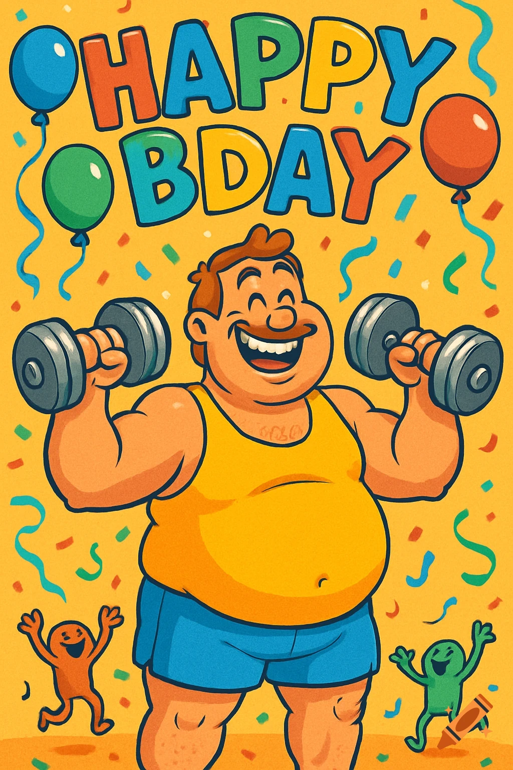 A cheerful cartoon man with a large belly and muscular arms lifts dumbbells. "HAPPY BDAY" text is at the top, with balloons and confetti.