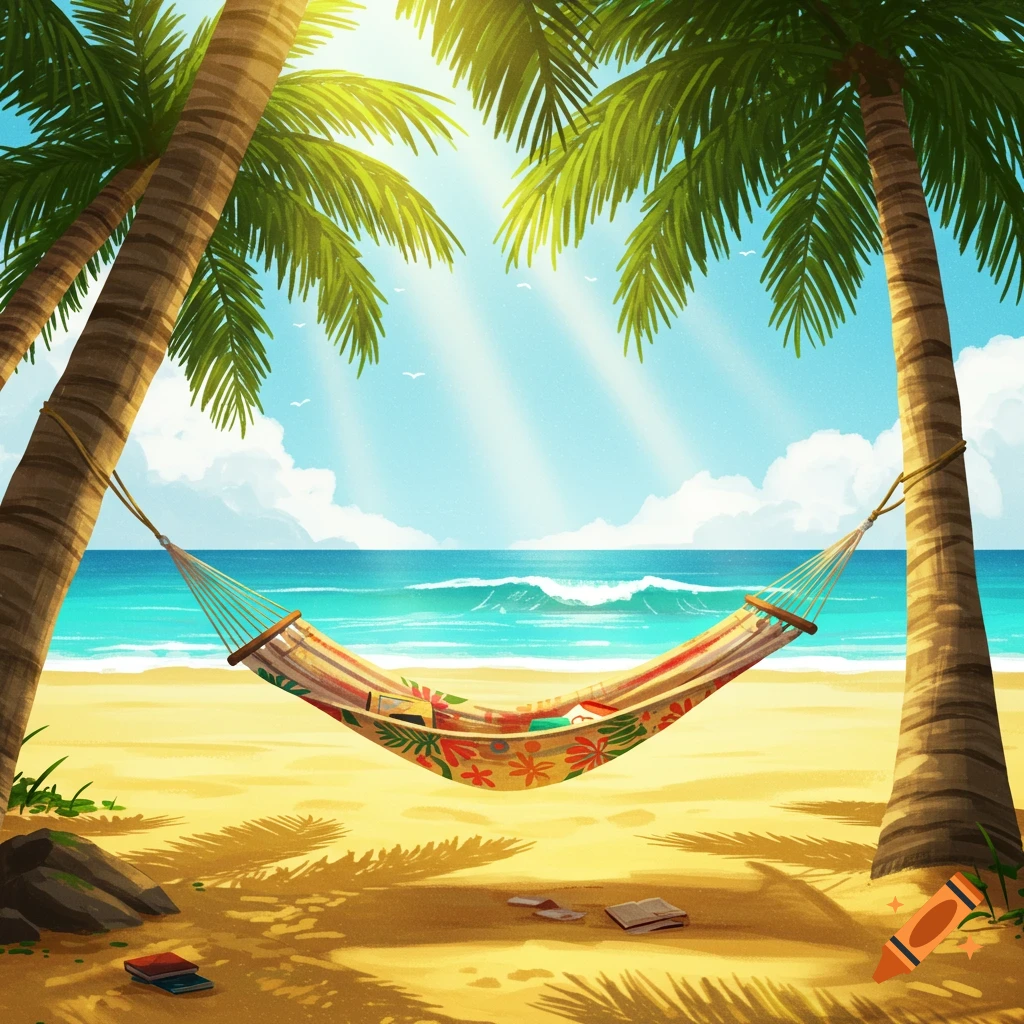 A vibrant, sunny beach scene with a colorful hammock strung between two palm trees, overlooking the ocean.
