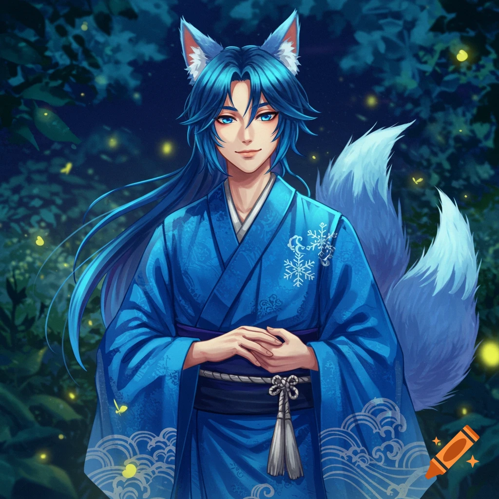 An anime kitsune man with long blue hair, blue eyes, and large fox ears and tail, wearing a blue kimono with snowflake patterns, stands in a dark forest with fireflies.