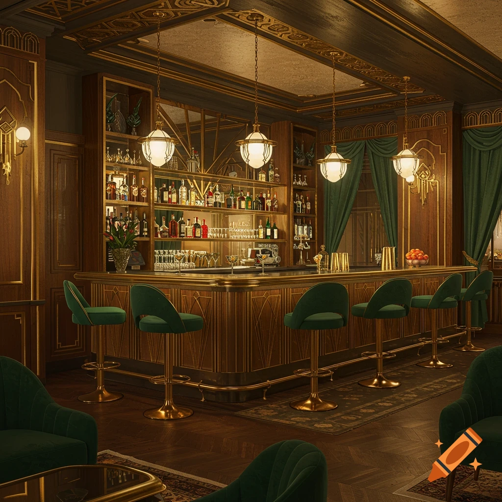 An opulent art deco bar interior with a long wooden bar, green velvet stools, golden accents, and ornate chandeliers.