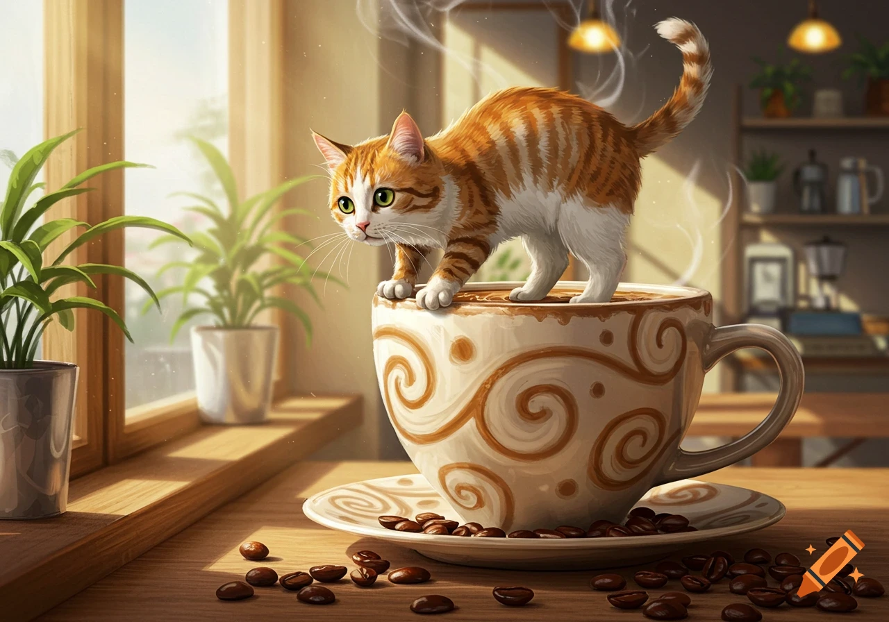 An orange and white cat stands inside a steaming coffee cup on a wooden table with scattered coffee beans, in a sunlit room.