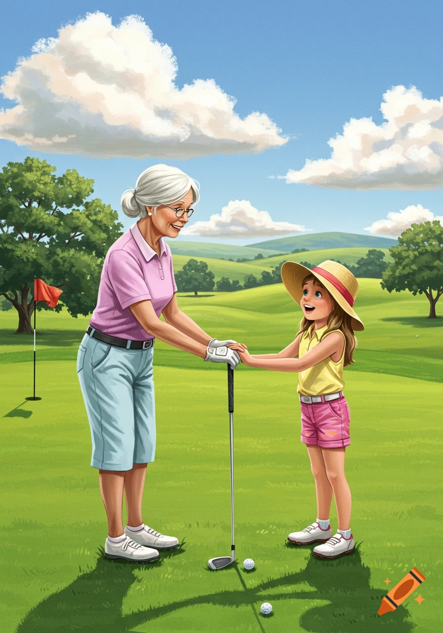 An illustration of a smiling grandmother teaching her granddaughter how to golf on a sunny green course.