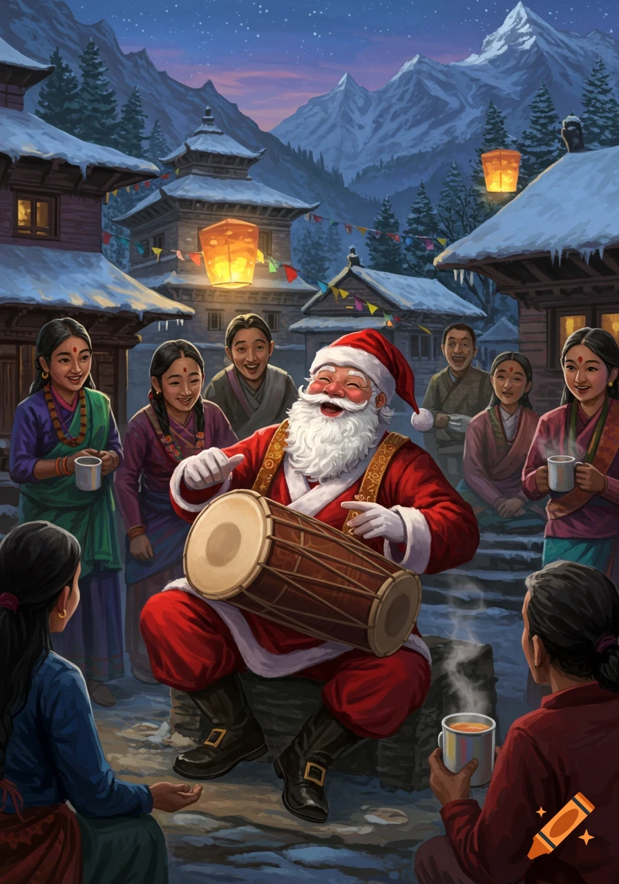 An illustrated scene of Santa Claus playing a madal drum for people gathered in a snowy mountain village at dusk.