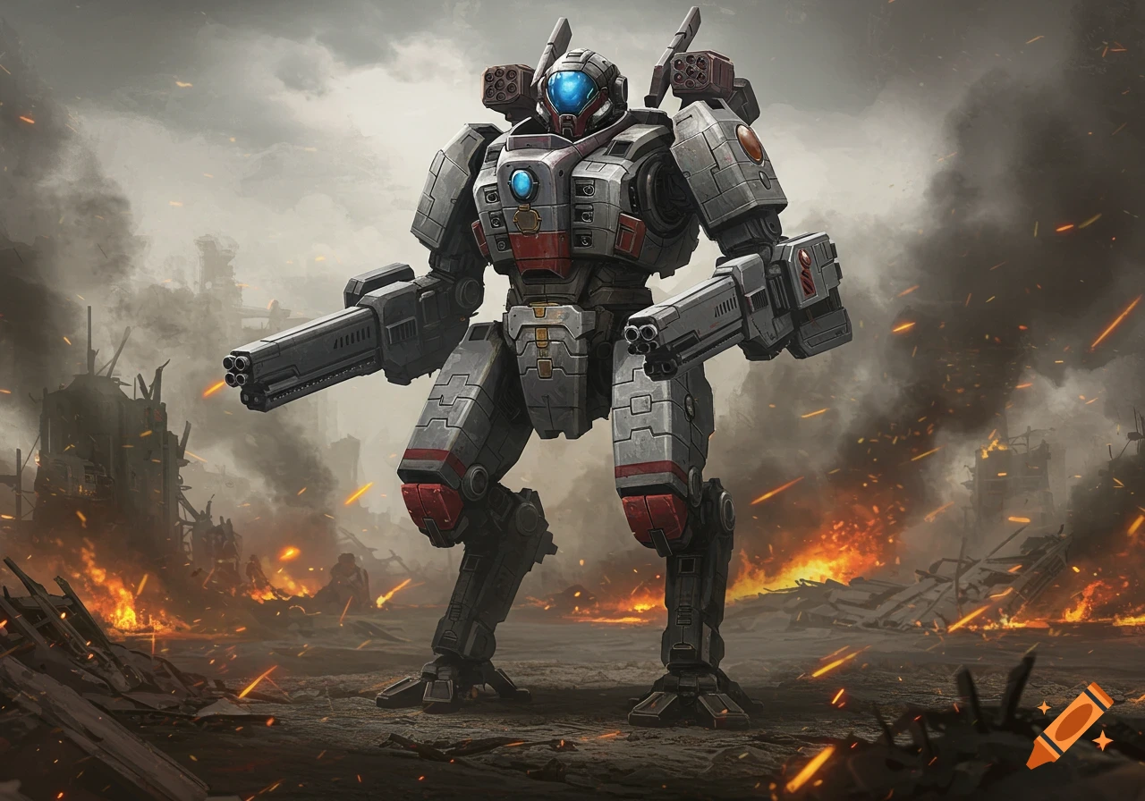 A powerful grey and red sci-fi battlesuit stands in a smoky, fire-filled warzone, holding large cannons.