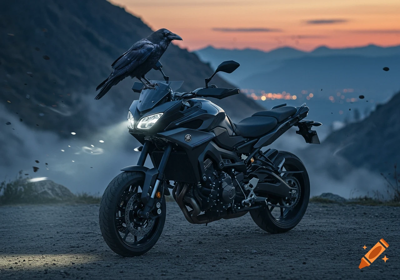 A black raven perches on a black Yamaha motorcycle on a dirt road, with mountains and a sunset sky in the background.