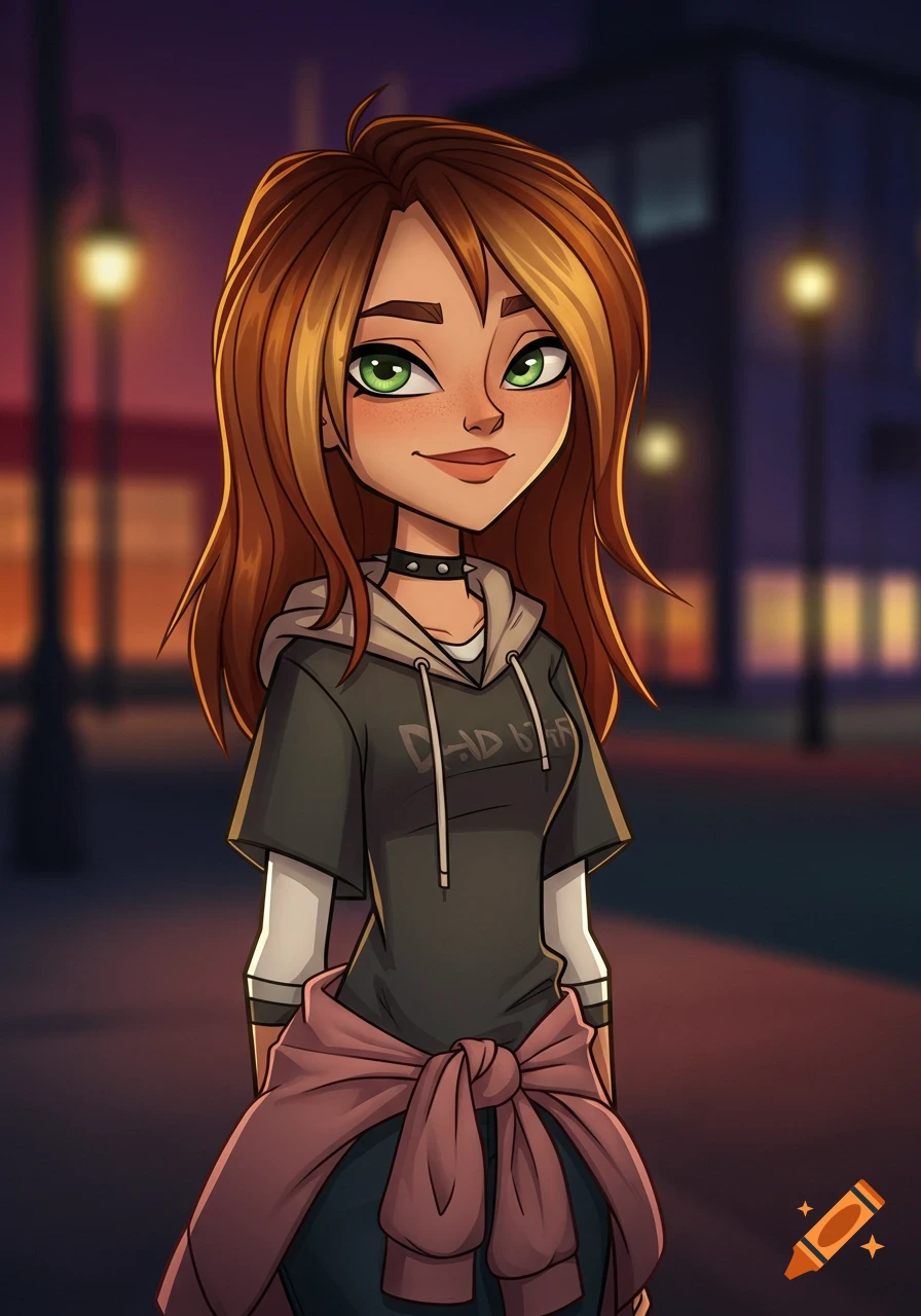 A cartoon teenage girl with long brown hair, green eyes, and freckles, wearing a dark hoodie and a pink jacket tied around her waist, standing at night.