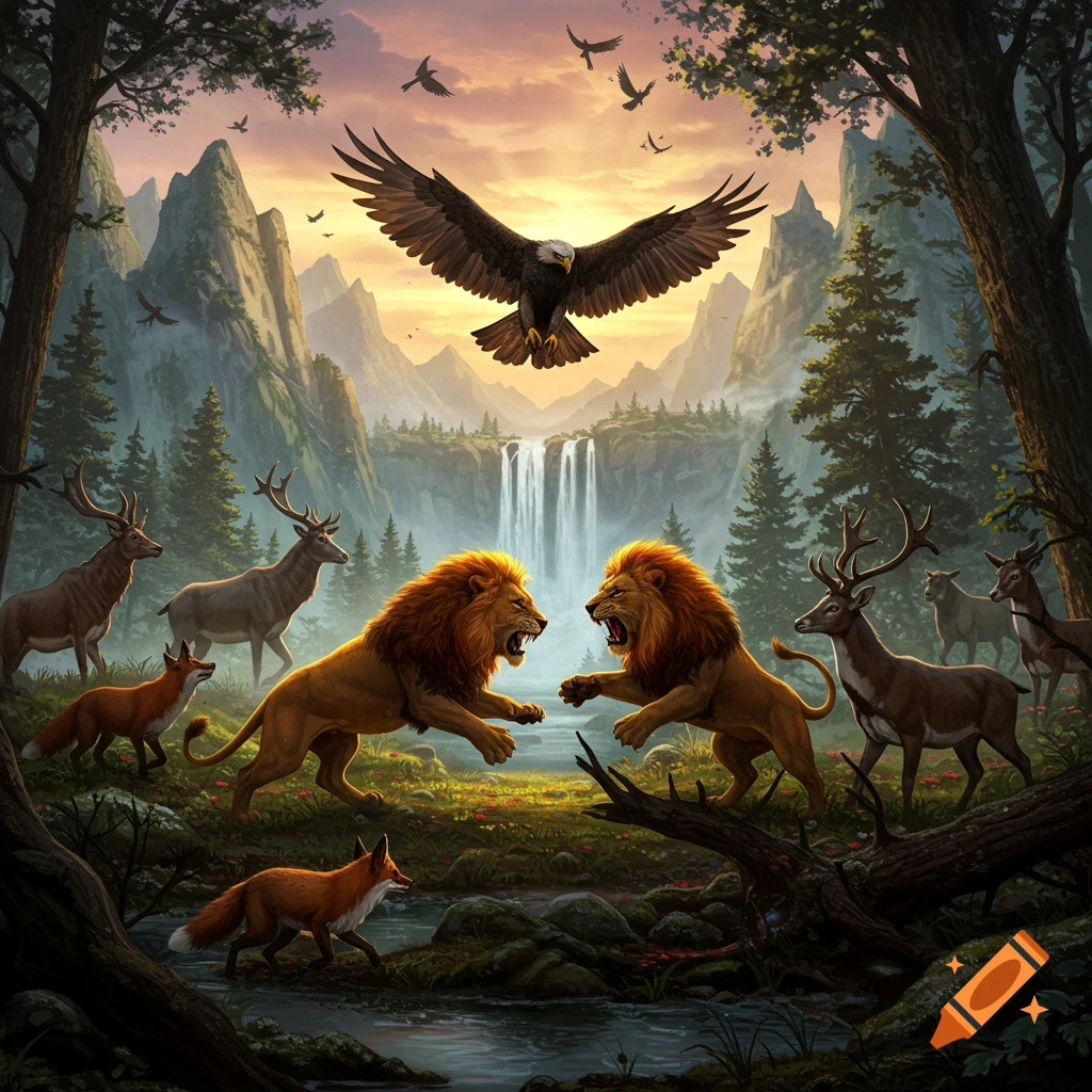 Two roaring lions face off in a lush forest with a waterfall, surrounded by deer, foxes, and an eagle in the sky, in a vibrant fantasy art style.