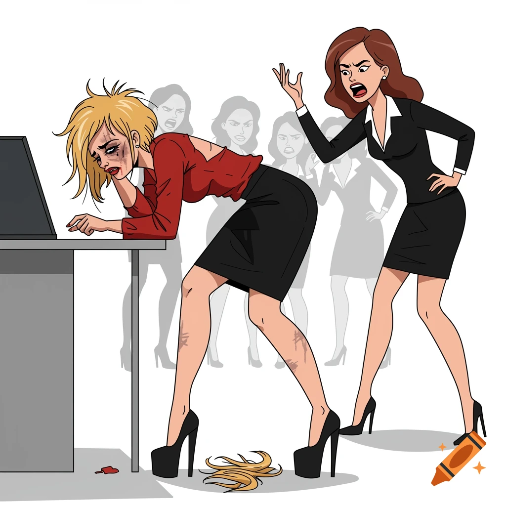 Cartoon of a distressed woman with running mascara at a desk, confronted by an angry woman, with ghostly figures in the background.