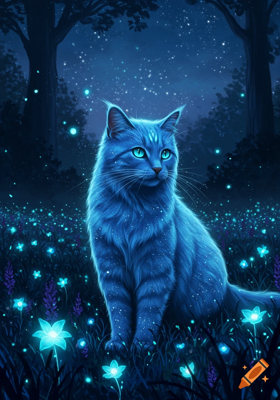 A glowing blue cat sits in a dark, magical forest under a starry night sky, surrounded by luminescent flowers.