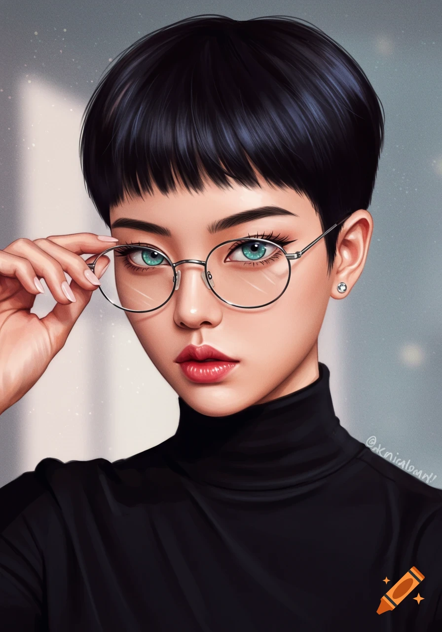 A confident young woman with short black hair and blue-green eyes adjusts her round metal glasses. She wears a black turtleneck in a digital painting style.