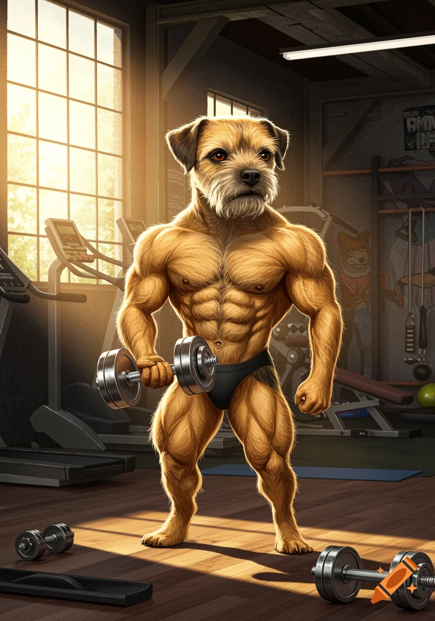 A photorealistic muscular Border Terrier dog in black briefs holds a dumbbell in a gym with large windows.