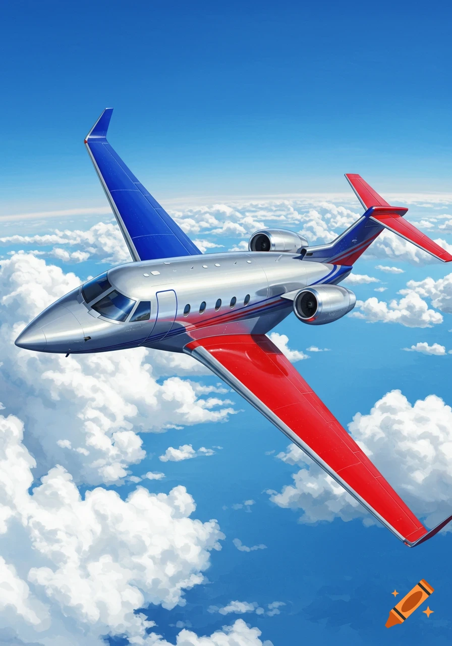 A sleek silver private jet with a blue left wing and a red right wing soars through a vibrant blue sky dotted with fluffy white clouds.
