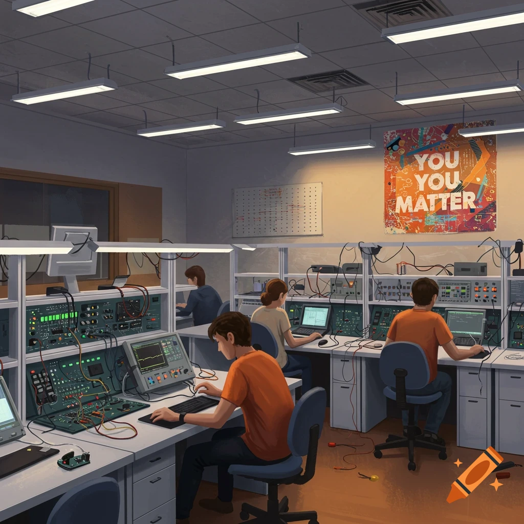 People working at desks with electronic equipment in a lab, a 'YOU YOU MATTER' poster on the wall.
