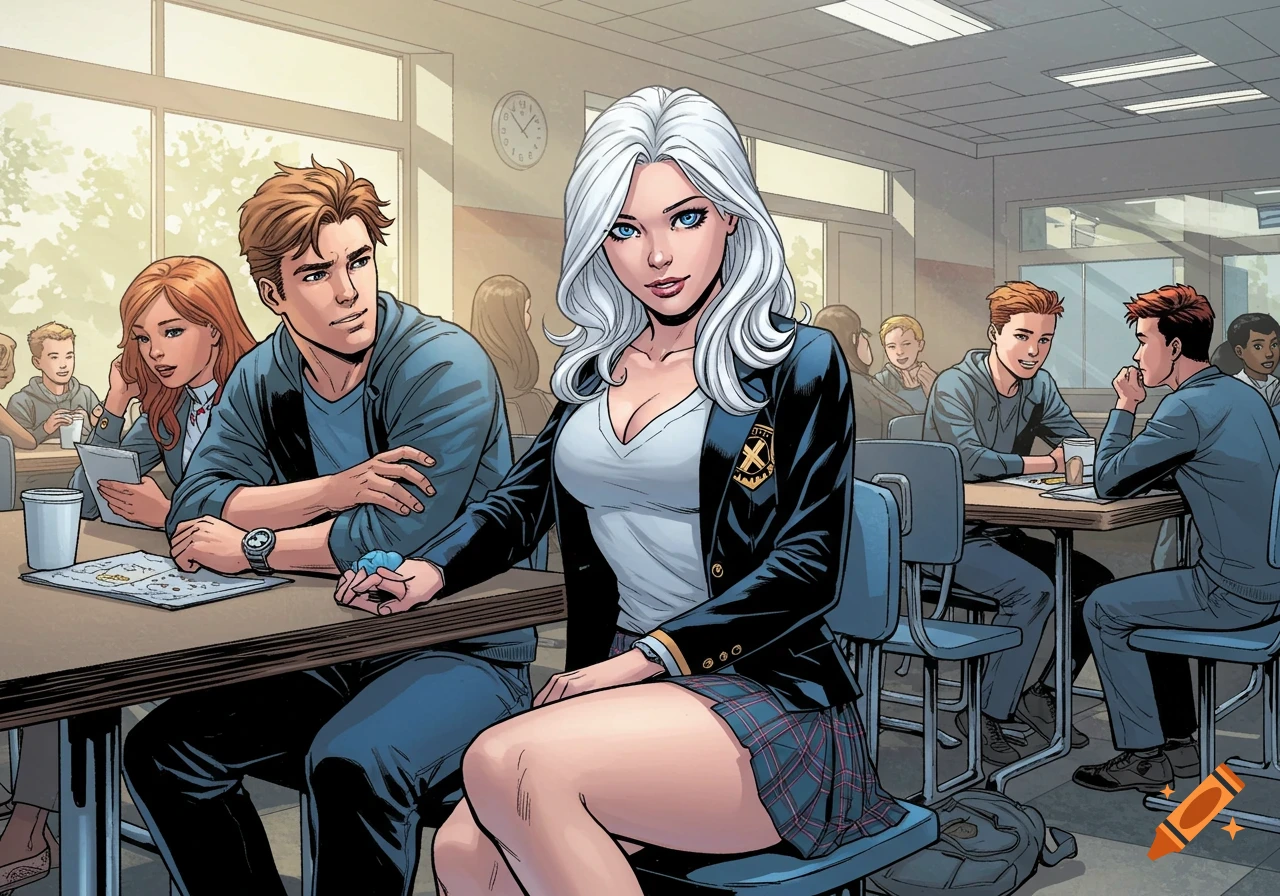 A white-haired female student in a uniform sits at a table, while a brown-haired male student looks at her in a comic book style classroom.