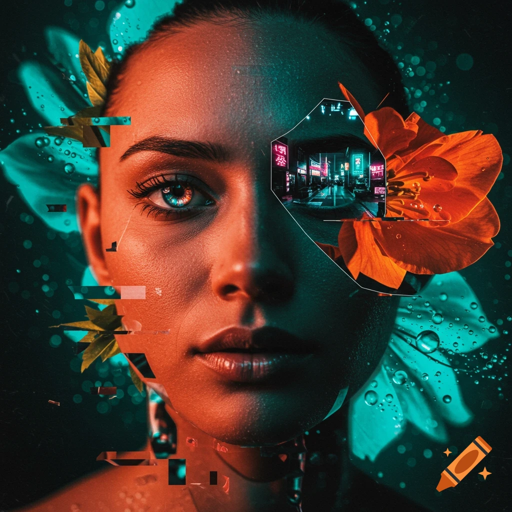 Close-up of a woman's face with an eye showing a cyberpunk city, surrounded by abstract glitch effects, flowers, and water droplets in a surreal style.