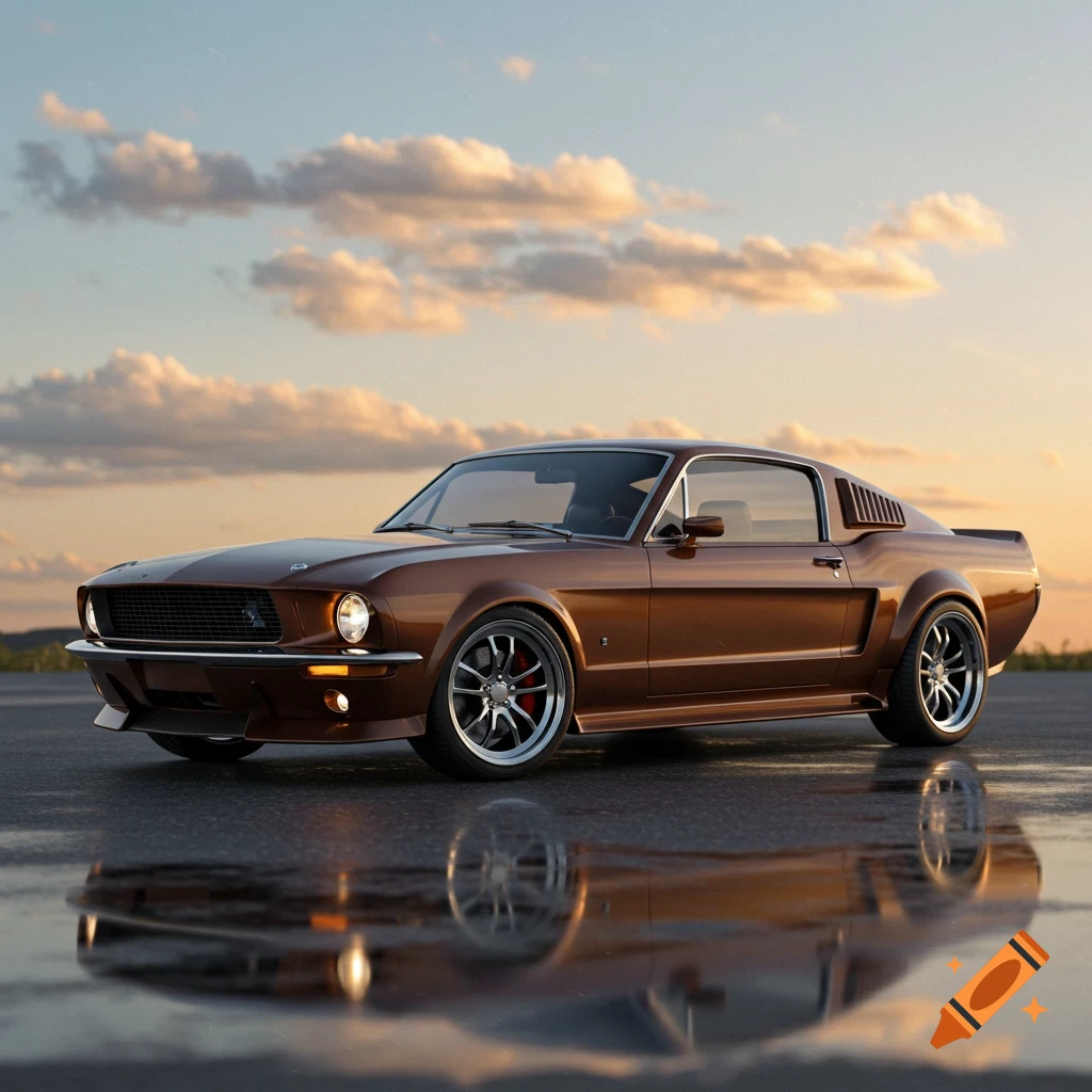 A photorealistic image of a brown classic Mustang with silver wheels on a wet ground reflecting a sunset sky.