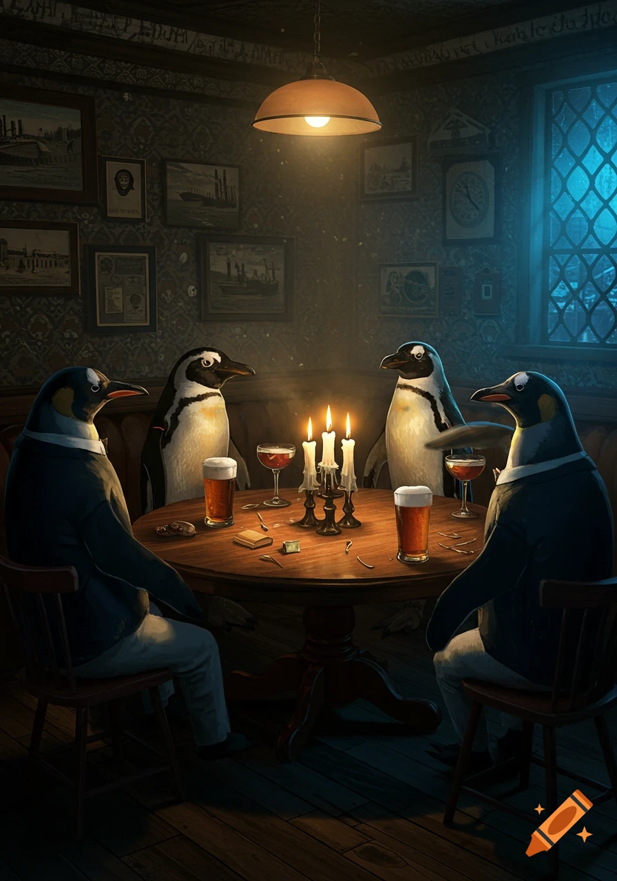 Four penguins in suits sit around a candlelit table in a dimly lit bar, with drinks and a seance setup.