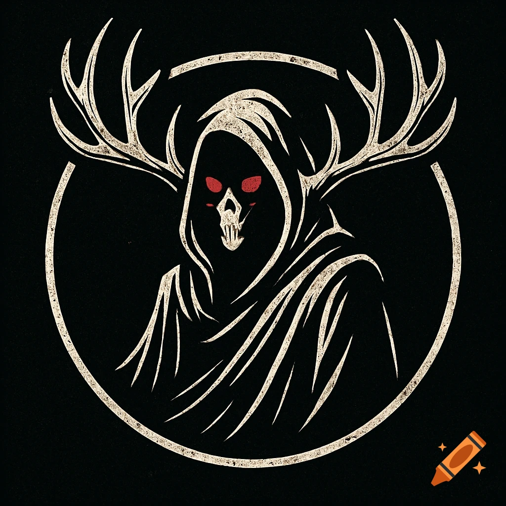 A stylized logo of a grim reaper with white deer antlers and red eyes, set against a black background.