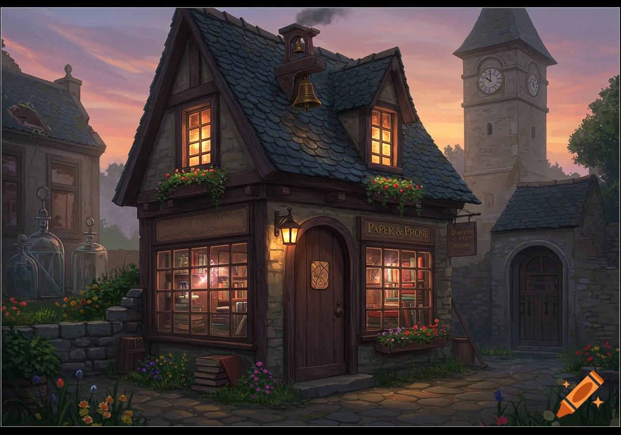 A cozy, old-fashioned shop with glowing windows and a slate roof, named Paper & Prose, sits at dusk between an abandoned apothecary and a clock tower.