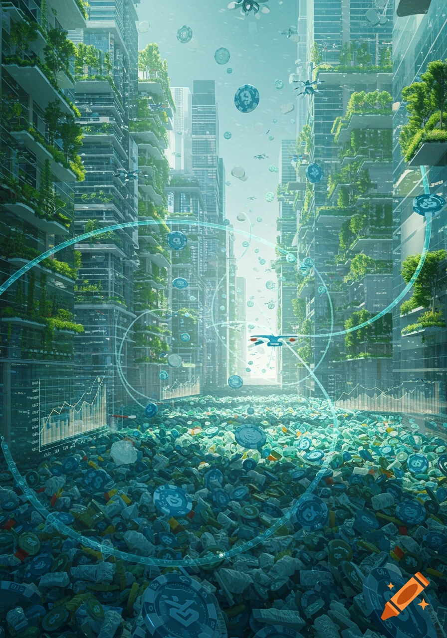 A futuristic city street lined with green buildings, filled with a massive pile of plastic waste and coins, under a bright sky.
