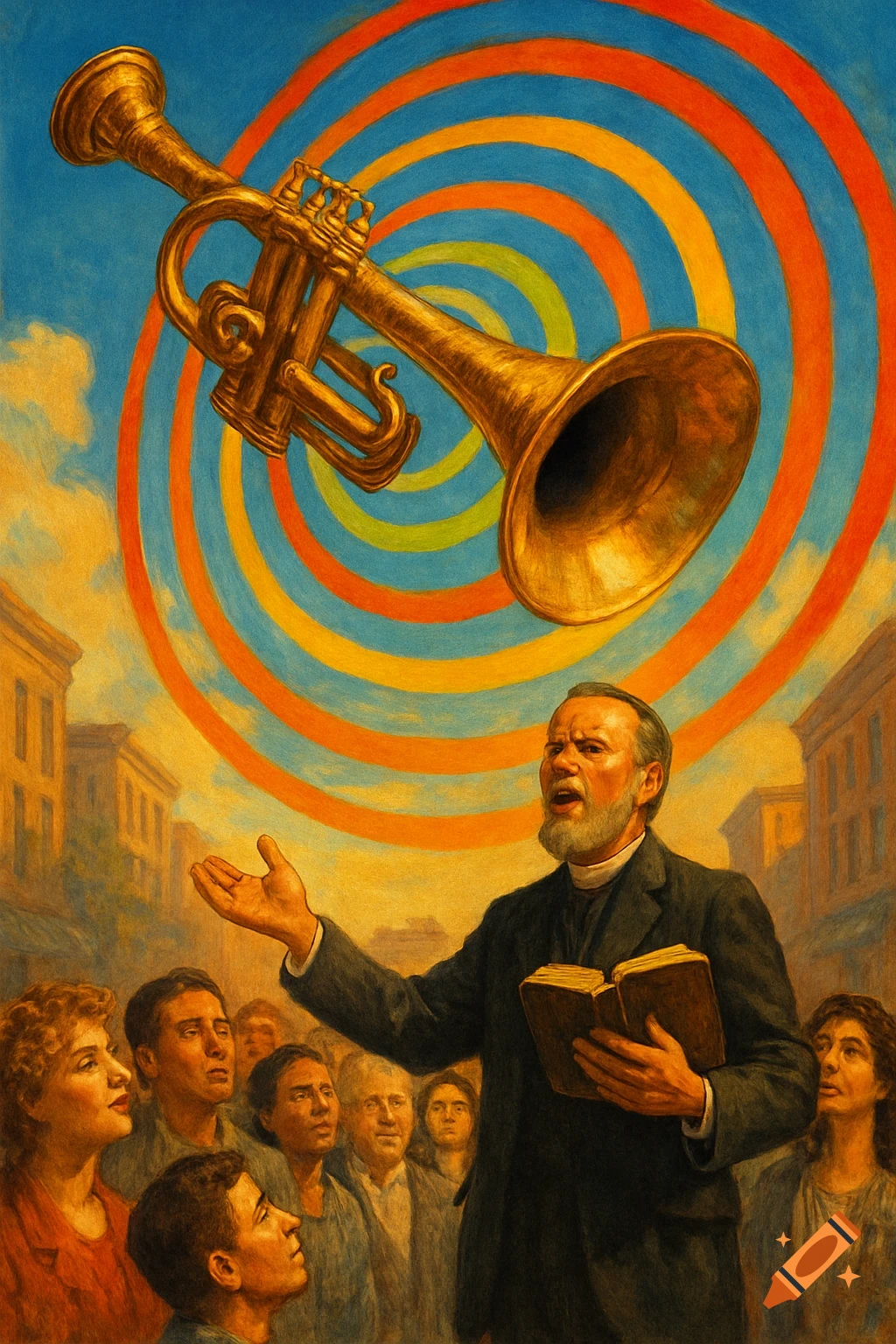 An illustrative painting of a preacher speaking to a crowd, with a large golden trumpet and colorful sound waves in the sky.
