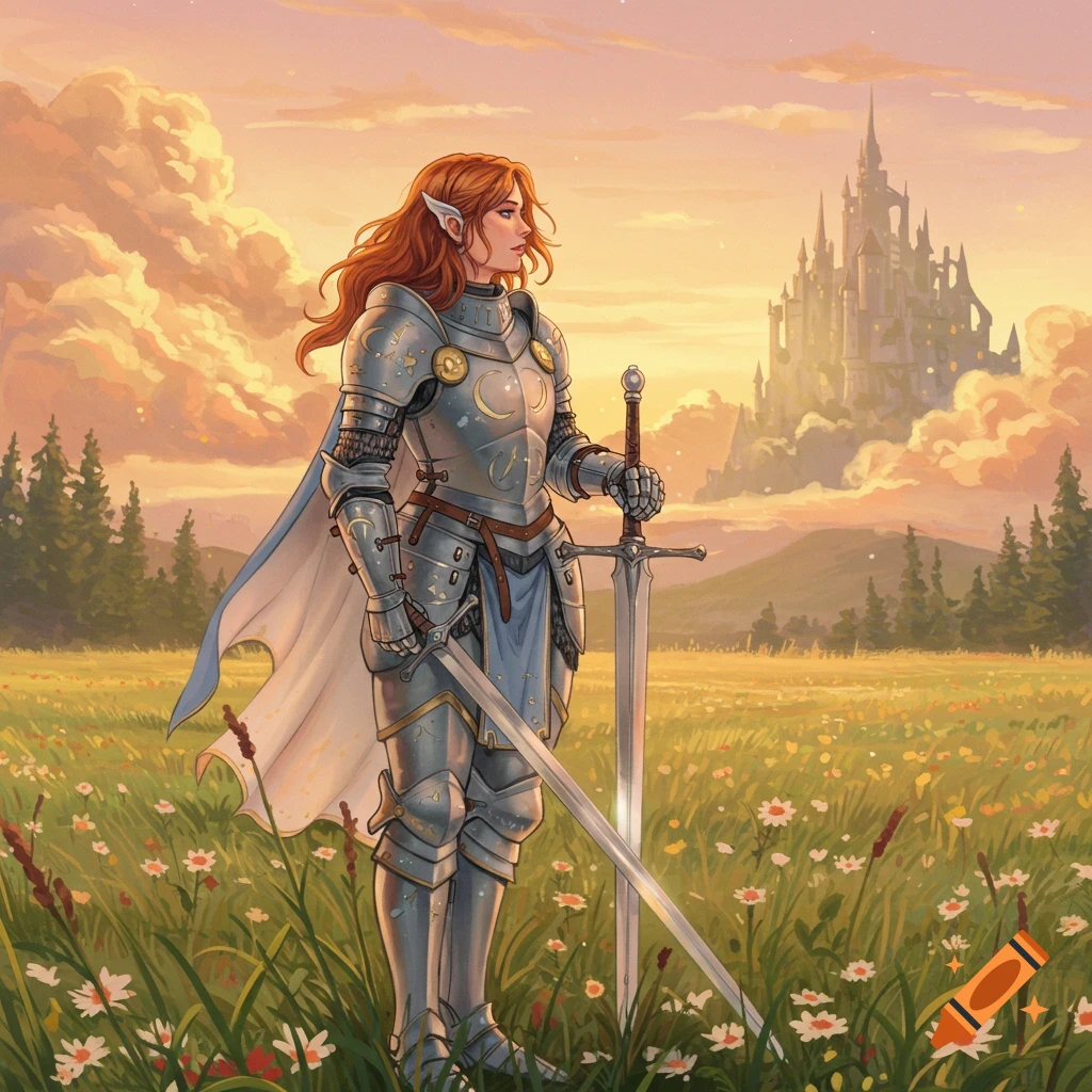 An armored elf paladin stands with two swords in a flower field, a castle visible under a sunset sky.