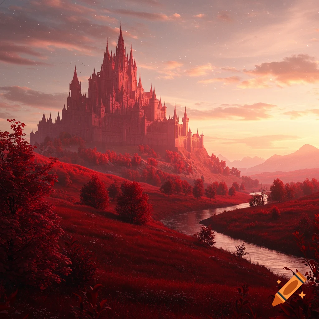 A majestic red castle on a hill overlooking a river and maroon landscape under a pink and orange sky.
