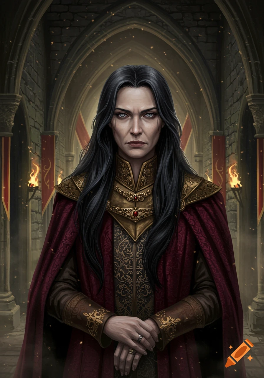 A stern woman with long black hair and piercing gray eyes wears a red cape and ornate gold attire in a dark gothic castle hallway.