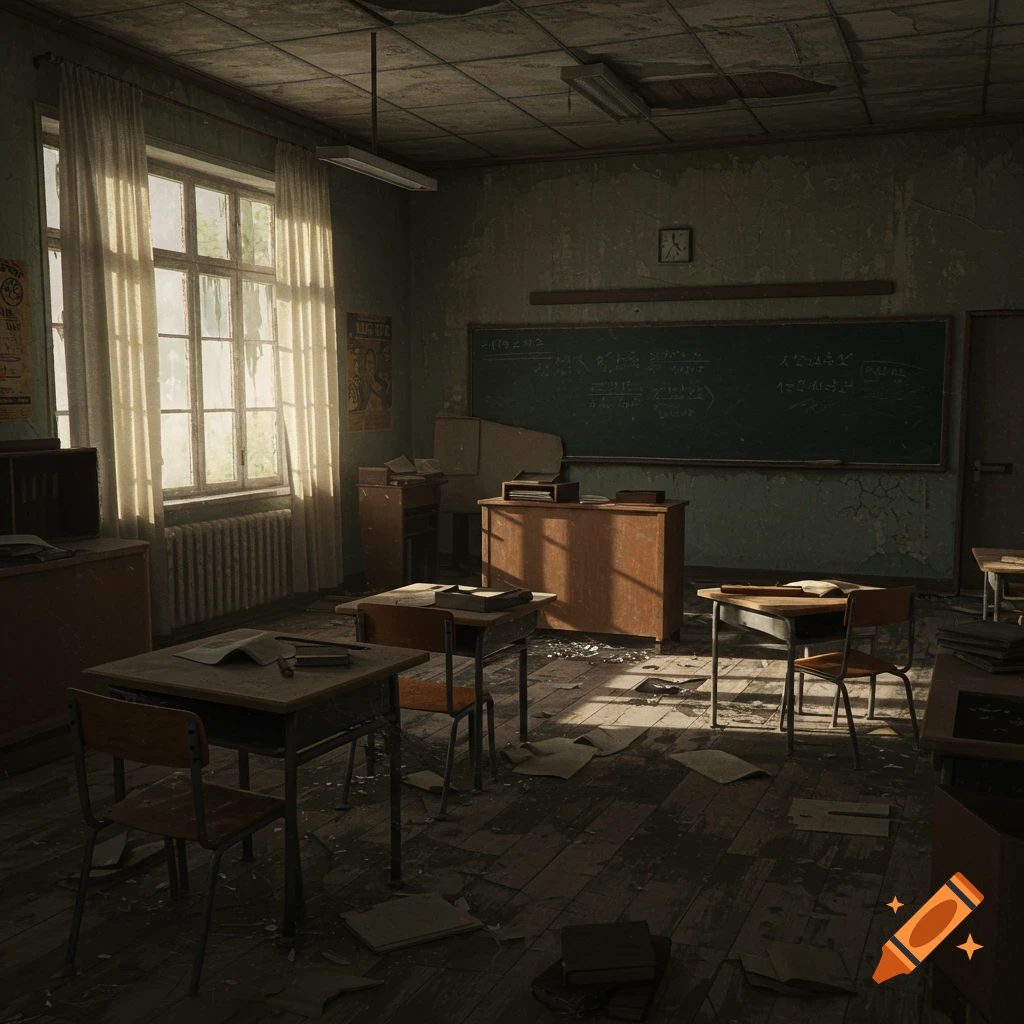 An abandoned, dusty classroom with desks, chairs, and a blackboard, dimly lit by sunlight streaming through a large window.