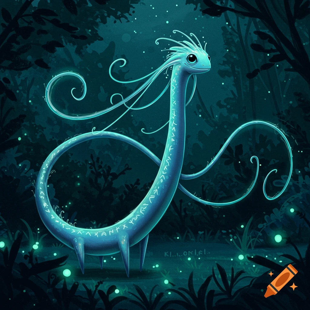 A long, slender, light blue glowing fantasy creature with tendrils for hair and small legs stands in a dark, ethereal forest with glowing plants.