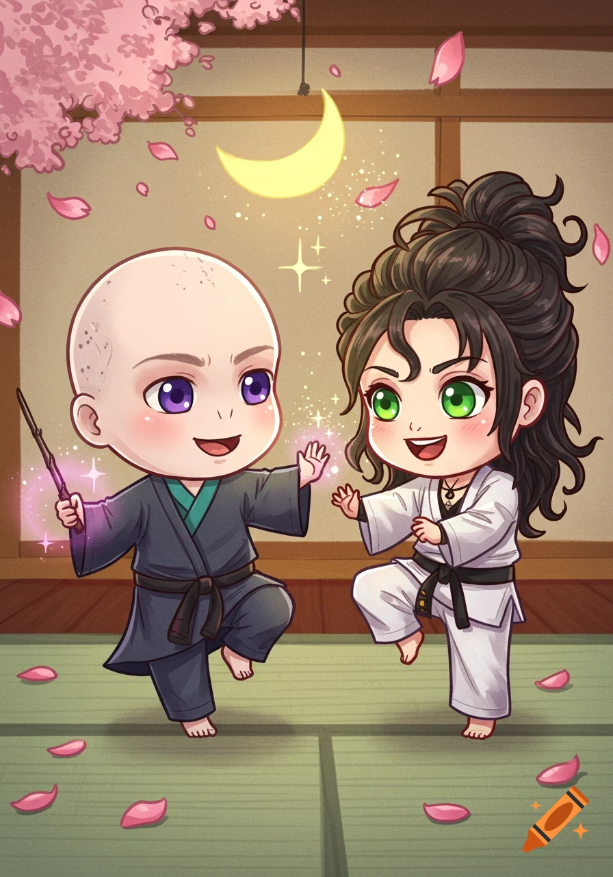 Two chibi characters, a bald wizard with a wand and a dark-haired martial artist, pose in a traditional Japanese room with cherry blossoms and a glowing moon.