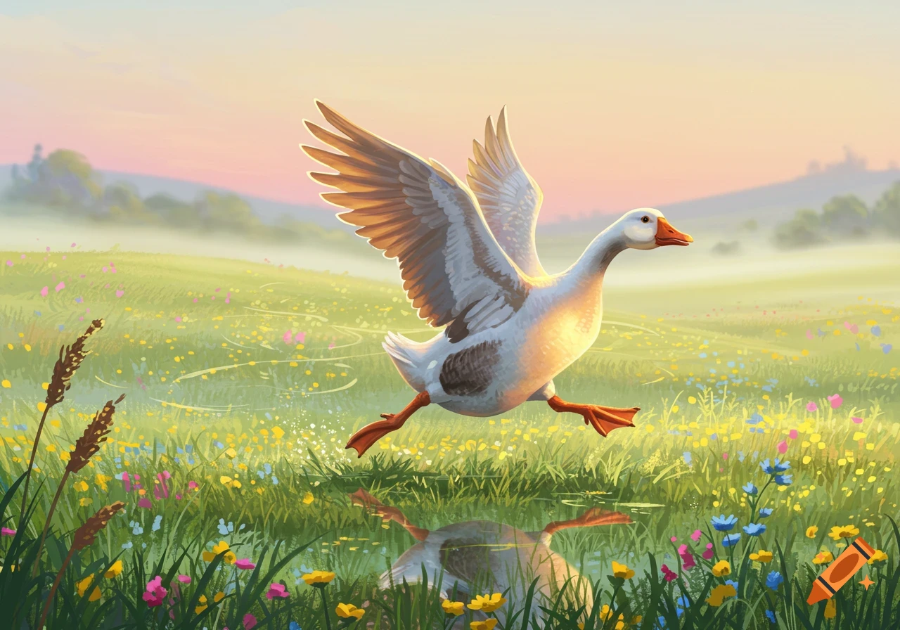 A white goose runs with outstretched wings through a vibrant green field full of colorful wildflowers at sunrise, its reflection visible below.