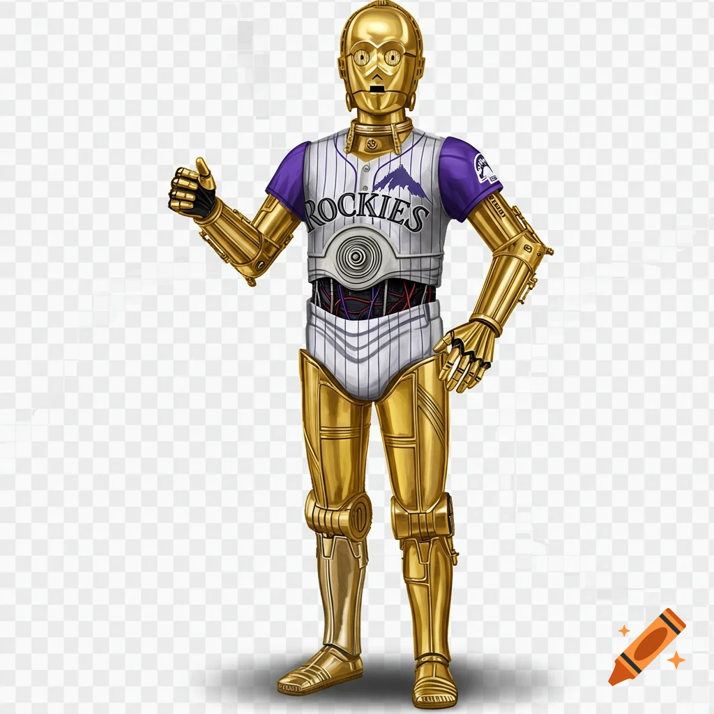 C-3PO, the golden droid from Star Wars, wearing a white and purple Colorado Rockies baseball jersey and giving a thumbs up.