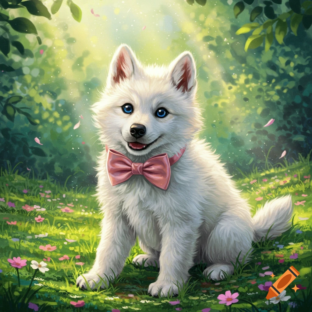 A fluffy white wolf pup with blue eyes and a pink bow tie sits in a vibrant green forest with pink flowers.