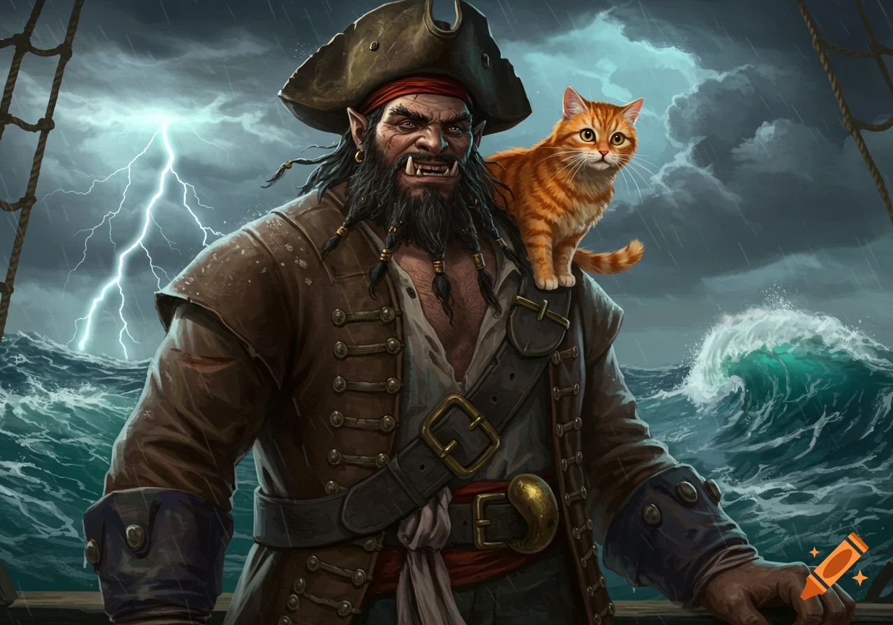A fierce half-ogre pirate with a long beard and a tricorn hat stands on a ship in a storm with a cute orange cat on his shoulder, in a detailed fantasy illustration.
