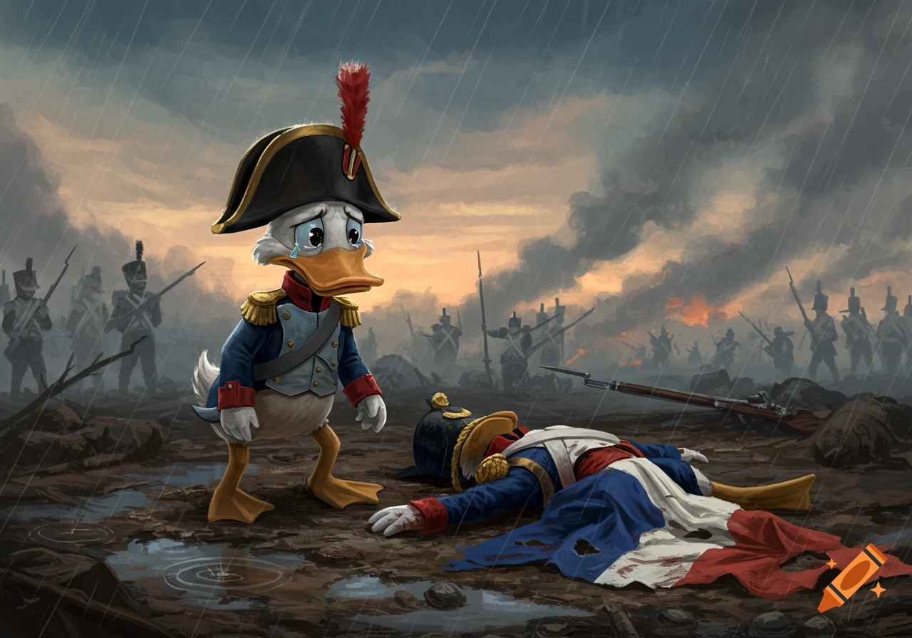 Crying duck soldier in Napoleonic uniform stands over a fallen duck soldier on a rainy battlefield.