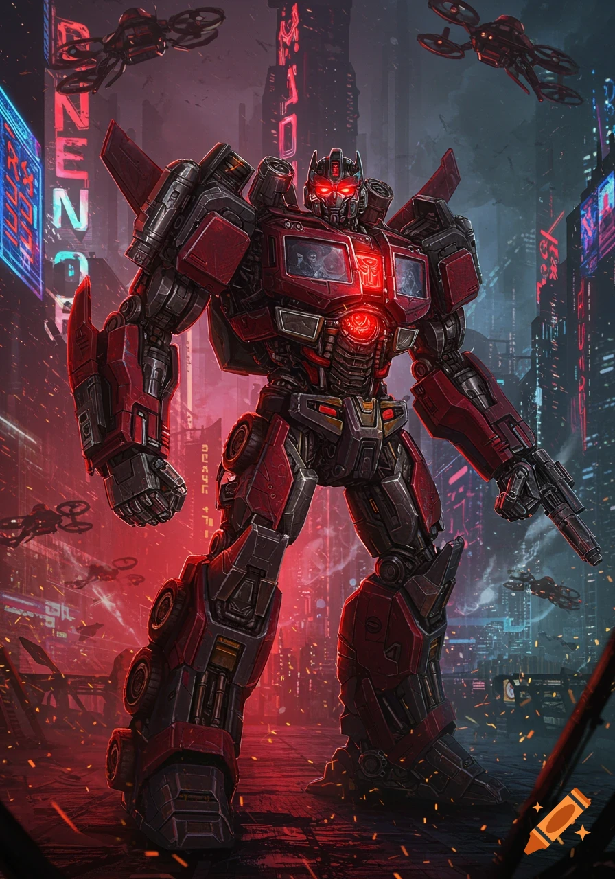 A red and dark gray robot with glowing red eyes stands in a futuristic, neon-lit city at night, with flying drones in the sky.