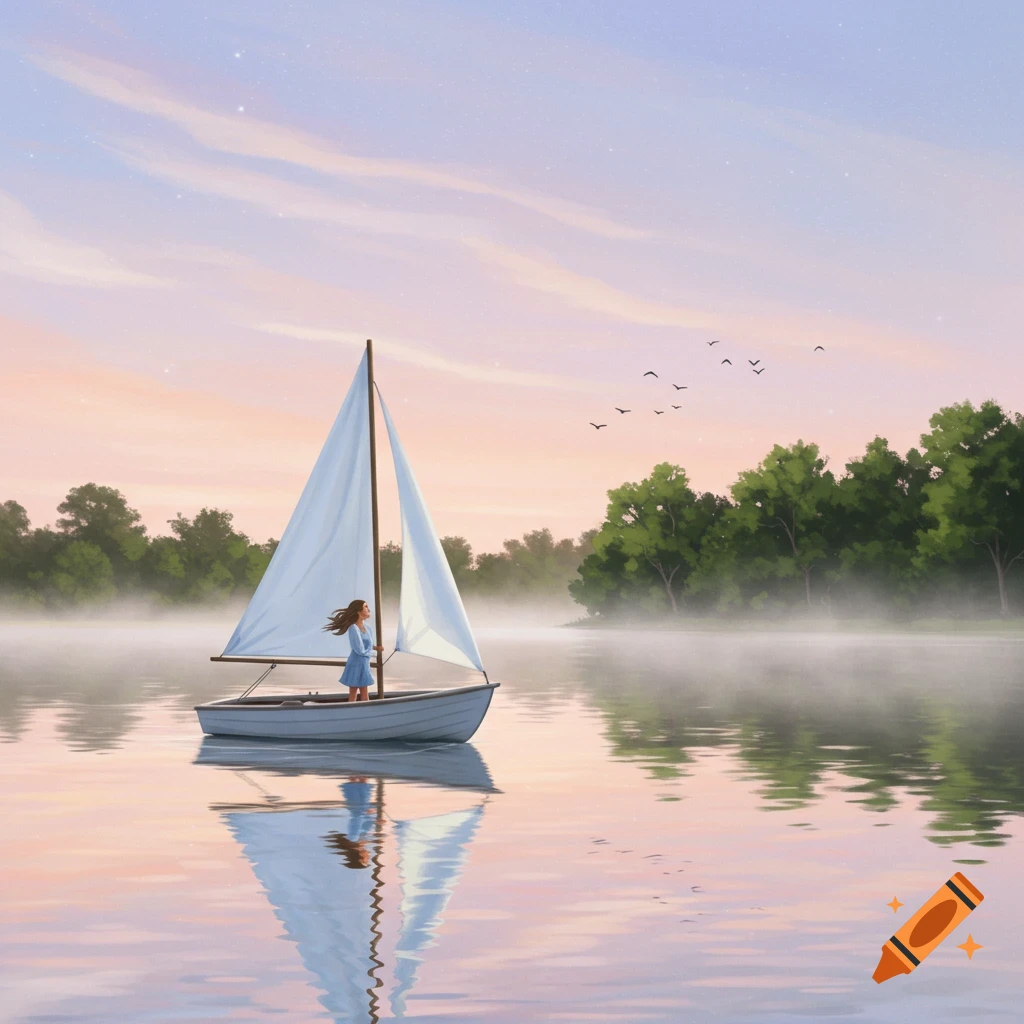 A serene illustration of a woman standing on a sailboat in a misty lake at sunrise, with trees reflecting in the calm water.
