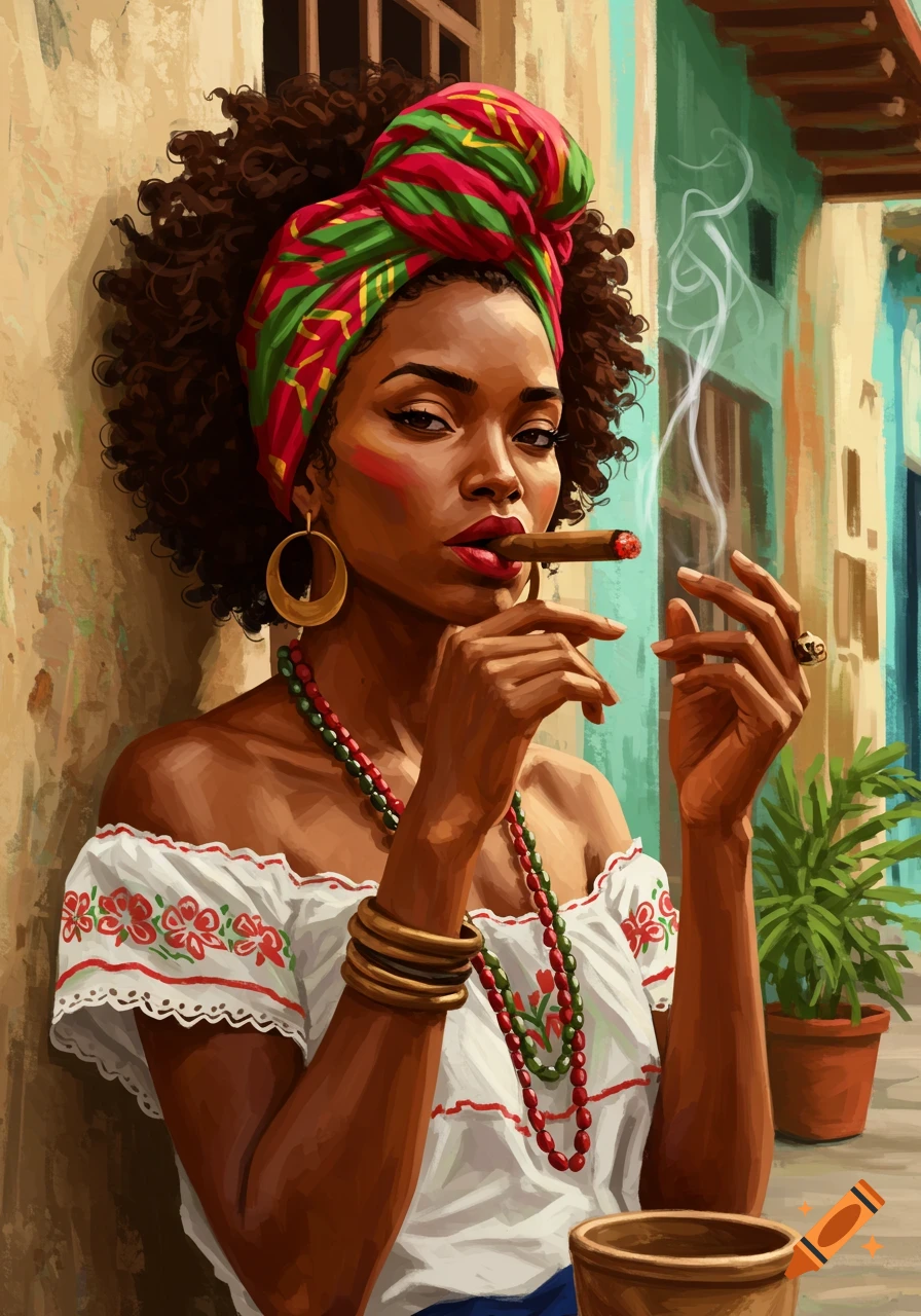 Painting of a Cuban woman in a colorful headwrap and jewelry, leaning against a wall, smoking a cigar, with a street background.