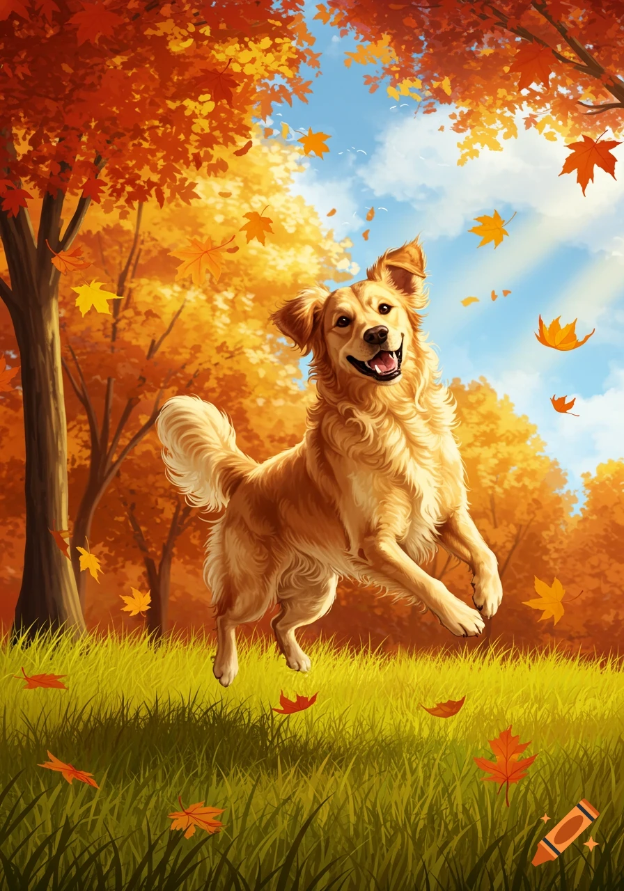 A golden retriever dog happily jumps amidst colorful autumn leaves in a brightly lit, illustrated park scene.