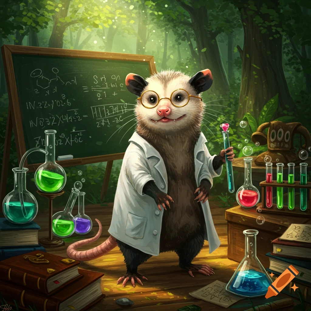 A cute anthropomorphic opossum scientist in a lab coat and glasses holds a test tube, standing in a forest laboratory with beakers and a blackboard.