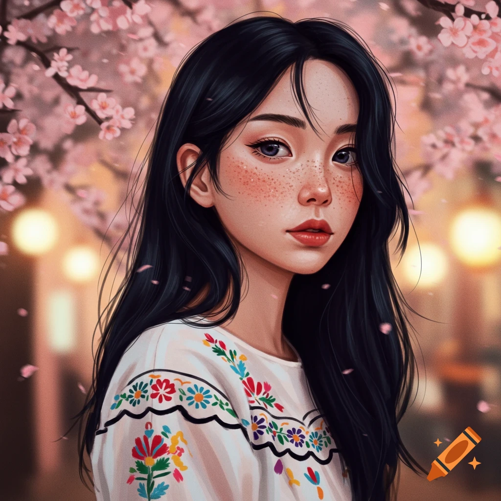 Stylized portrait of a young woman with long black hair and freckles, wearing an embroidered white shirt, against a backdrop of cherry blossoms.