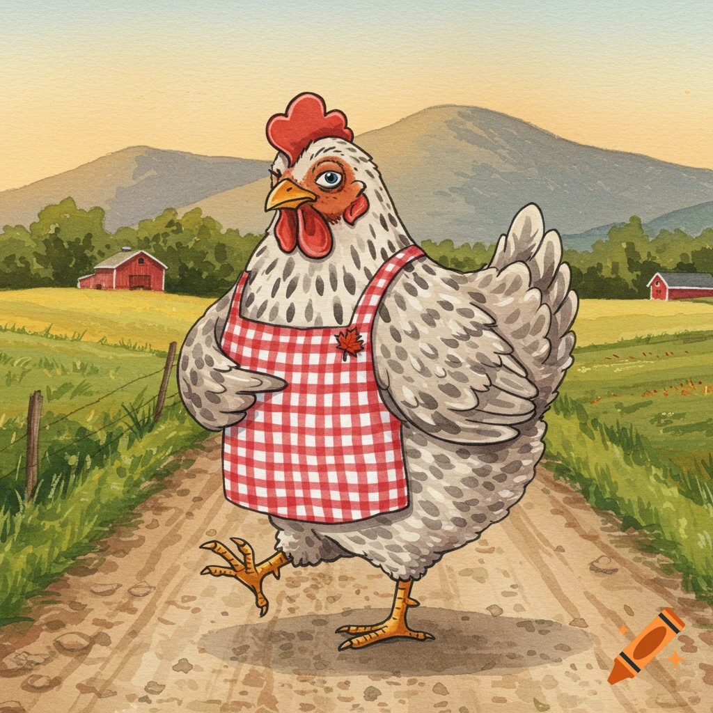 A friendly speckled hen wearing a gingham apron walks on a dirt road, pointing forward, in a rustic watercolor illustration.