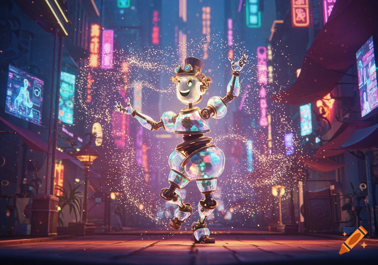 A happy, translucent robot in a top hat dances in a vibrant, neon-lit cyberpunk city street, surrounded by sparkling particles.