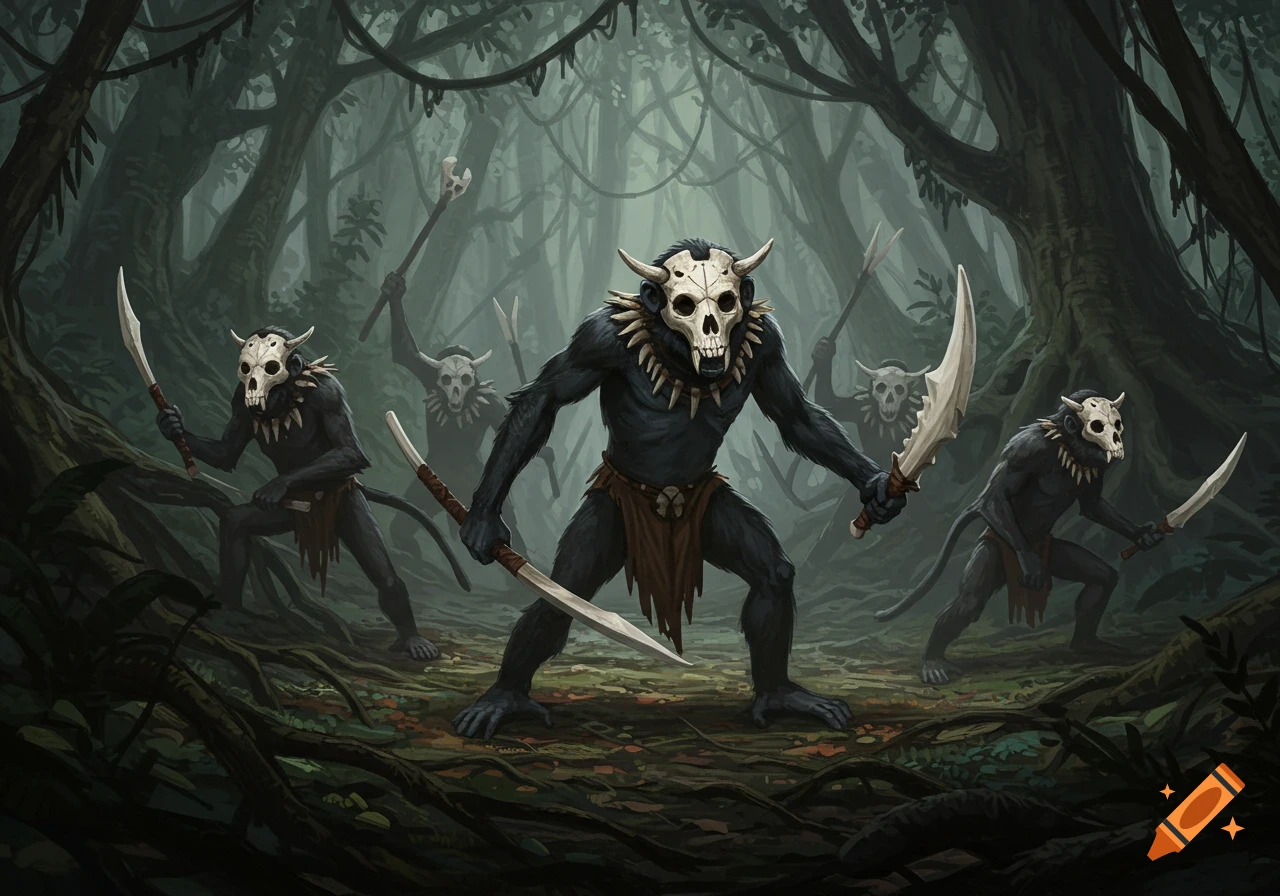 A group of tribal monkey-like creatures wearing skull masks and wielding bone weapons in a dark, misty forest, aggressively posturing.
